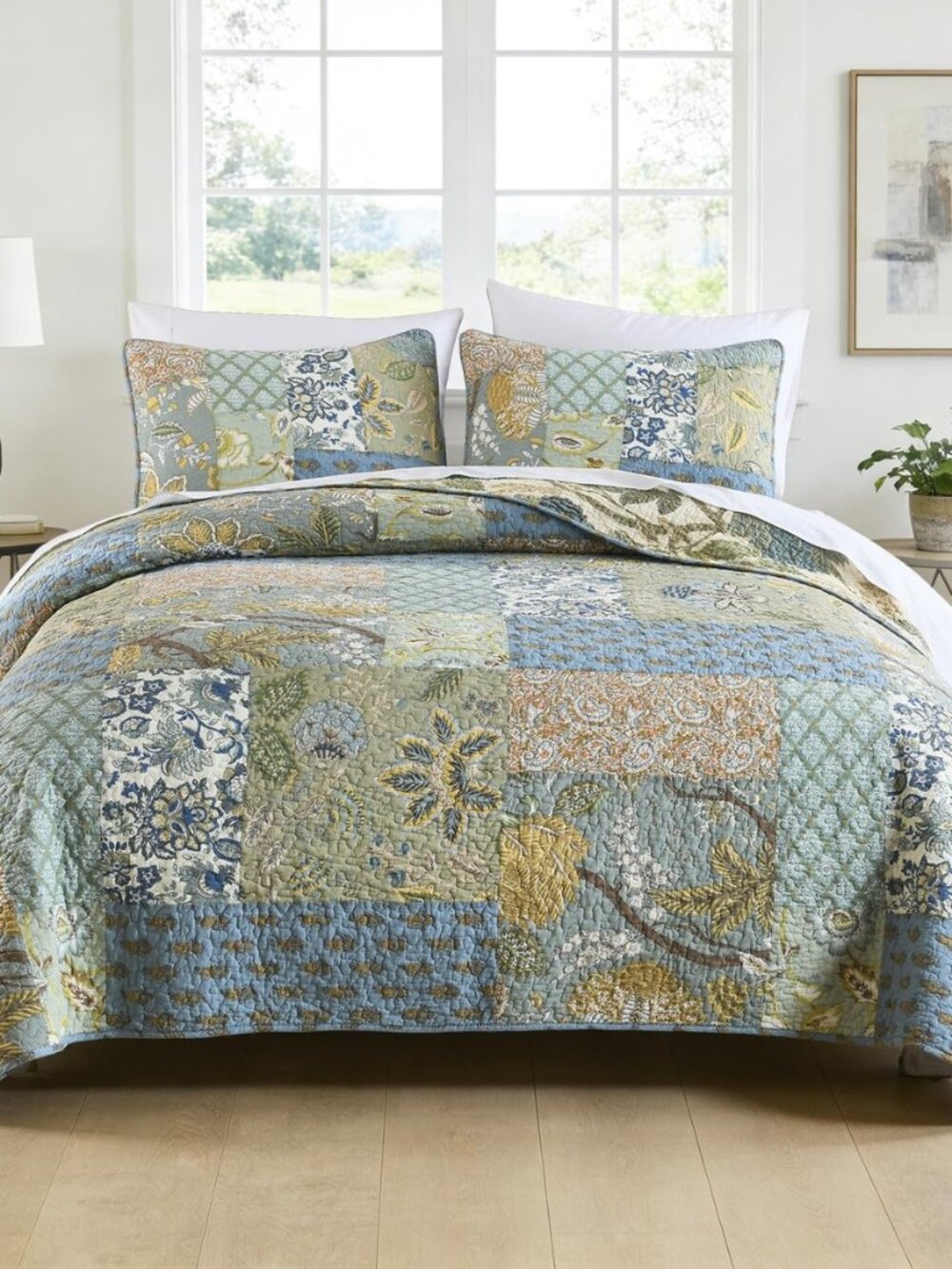 100% Cotton Quilts Queen Size - 3 Piece Sage Green Patchwork Bedspreads Queen